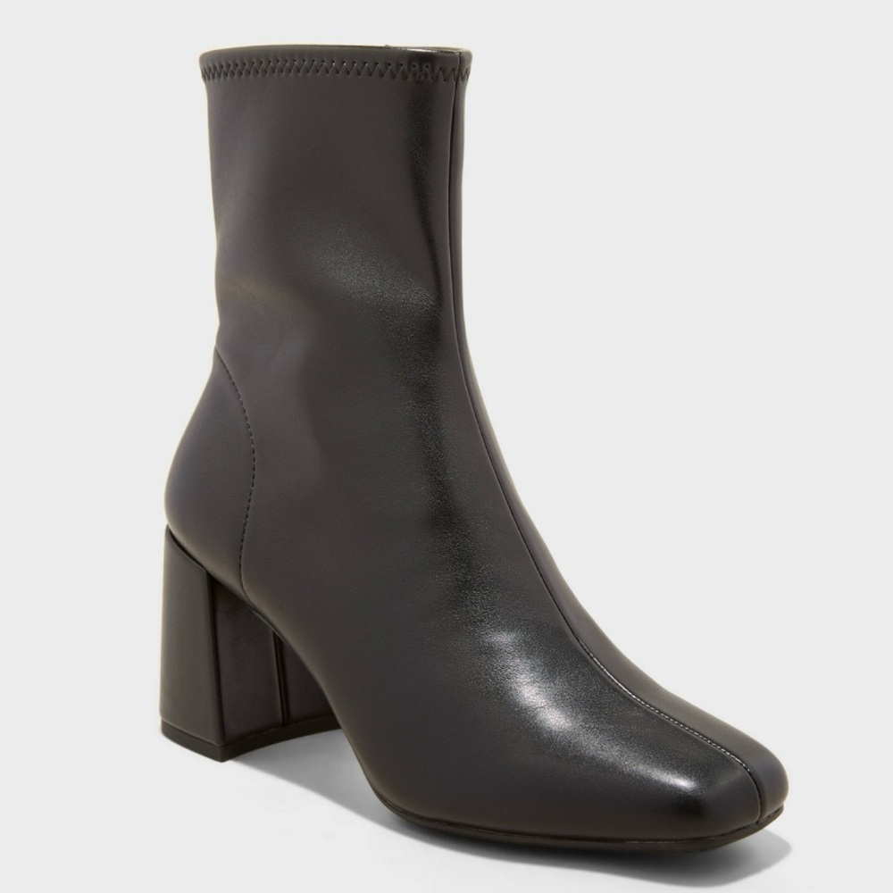 A New Day Pippa Stretch Ankle Boots Faux Leather Block Heel Black - NWT